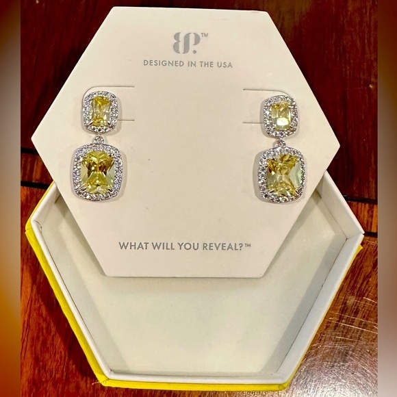 Bomb Party Jewelry - Sparkling Diamond & Lemon Cubic Zirconia Dangle Earrings on Rhodium Plating NIB